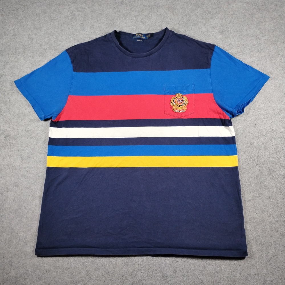 Polo Ralph Lauren Mens XL Classic Fit Striped Pocket T-Shirt Crest Patch Navy